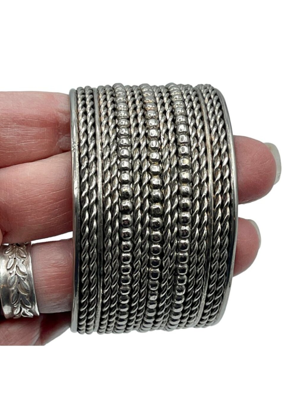 Cuff Bracelet Wide Silver Tone 7.25" Handmade Artisan Heavy Vintage 1970s BOHO - Picture 10 of 10